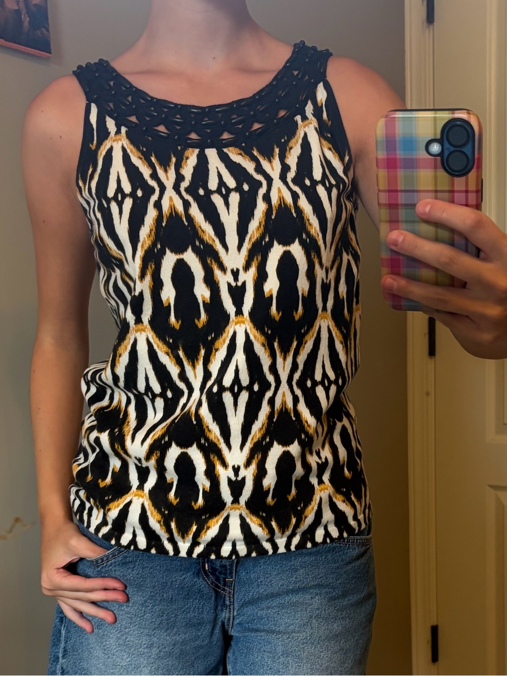 Jones New York Black, Tan & White Beaded-Neckline Printed Shell